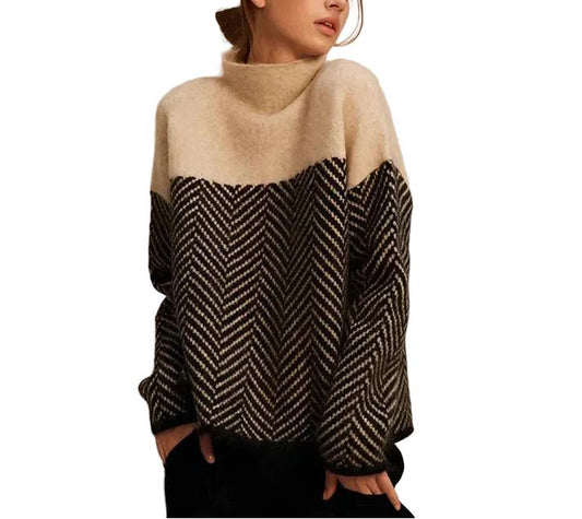 Damski sweter z wysokim kołnierzem i wzorem w jodełkę-Sweaters for Women-Olave