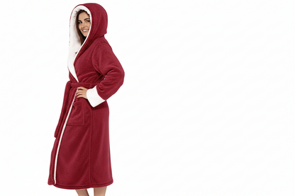 Damski szlafrok kopertowy z kapturem, paskiem i kieszeniami naszywanymi-Robe for women-Olave