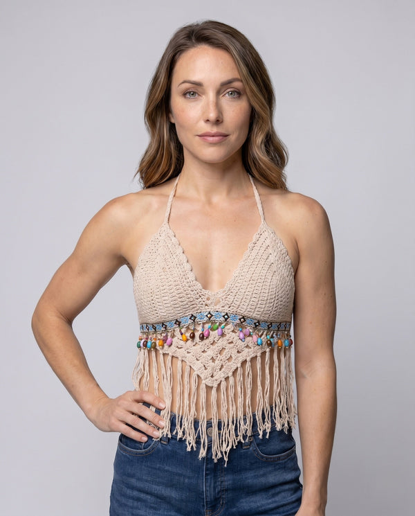 Damski szydełkowany krótki top typu halter z frędzlami-Tops for women-Olave