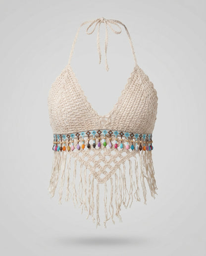 Damski szydełkowany krótki top typu halter z frędzlami-Tops for women-Olave