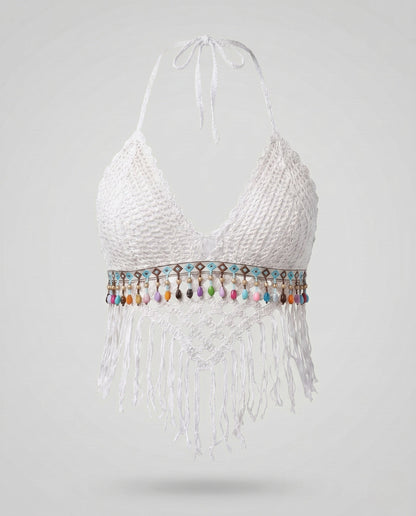 Damski szydełkowany krótki top typu halter z frędzlami-Tops for women-Olave