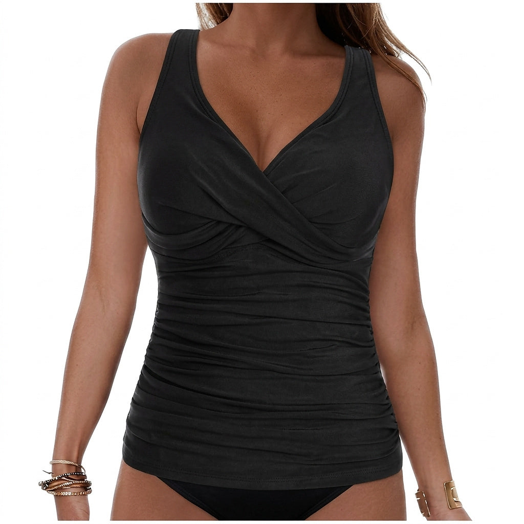 Damski tankini top bez rękawów z dekoltem w serek i marszczeniem-Swimwear for Women-Olave