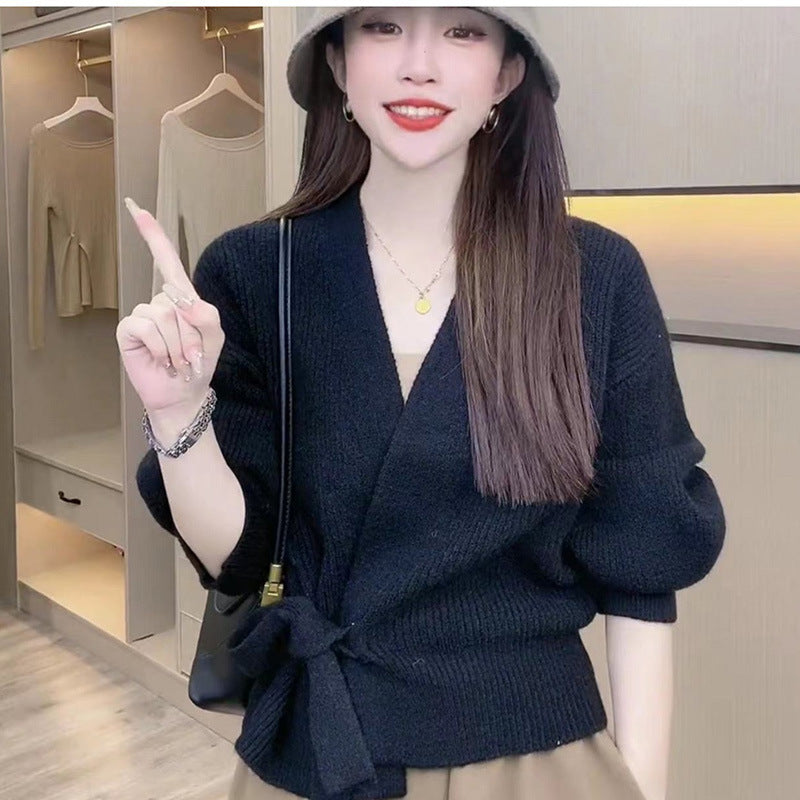 Damski top dzianinowy kopertowy z dekoltem V i wiązaniem w talii-Cardigans for Women-Olave