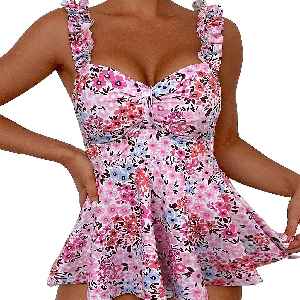 Damski top kąpielowy tankini z falbankami i kwiatowym wzorem-Swimwear for Women-Olave