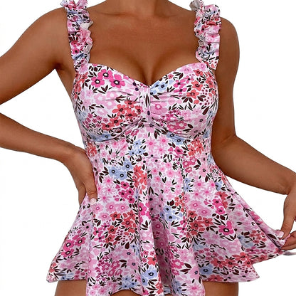 Damski top kąpielowy tankini z falbankami i kwiatowym wzorem-Swimwear for Women-Olave