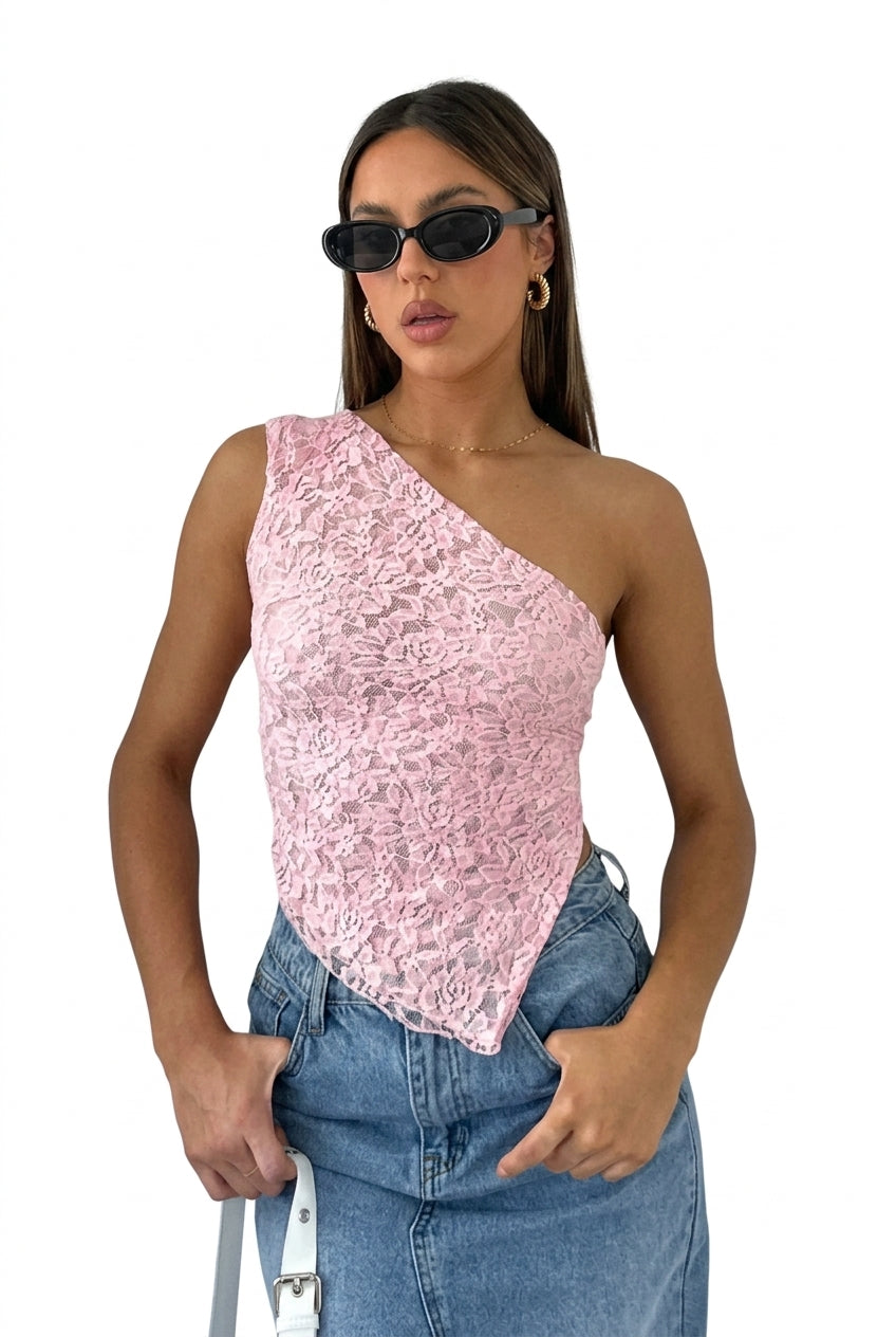 Damski top na jedno ramię z asymetrycznym dekoltem i koronkowym wykończeniem-Tops for women-Olave