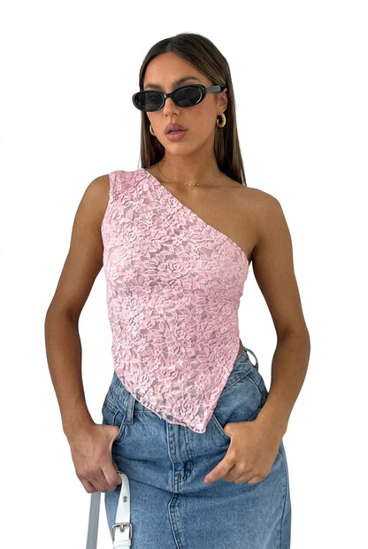 Damski top na jedno ramię z asymetrycznym dekoltem i koronkowym wykończeniem-Tops for women-Olave