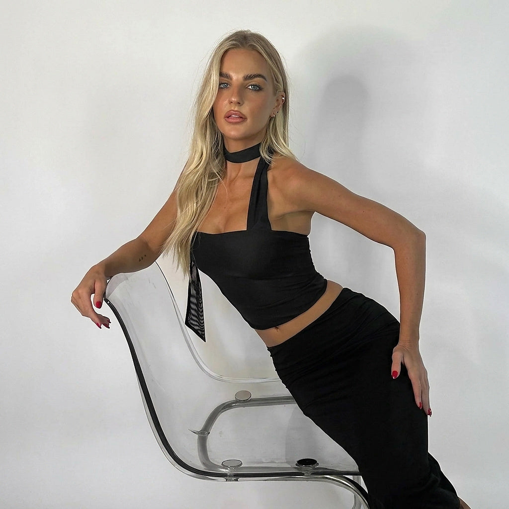 Damski top z asymetrycznym dekoltem i szarfą na szyję-Tops for women-Olave