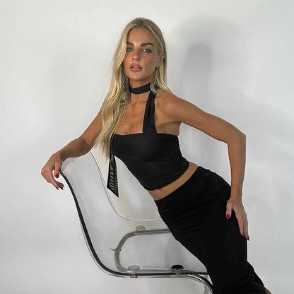 Damski top z asymetrycznym dekoltem i szarfą na szyję-Tops for women-Olave