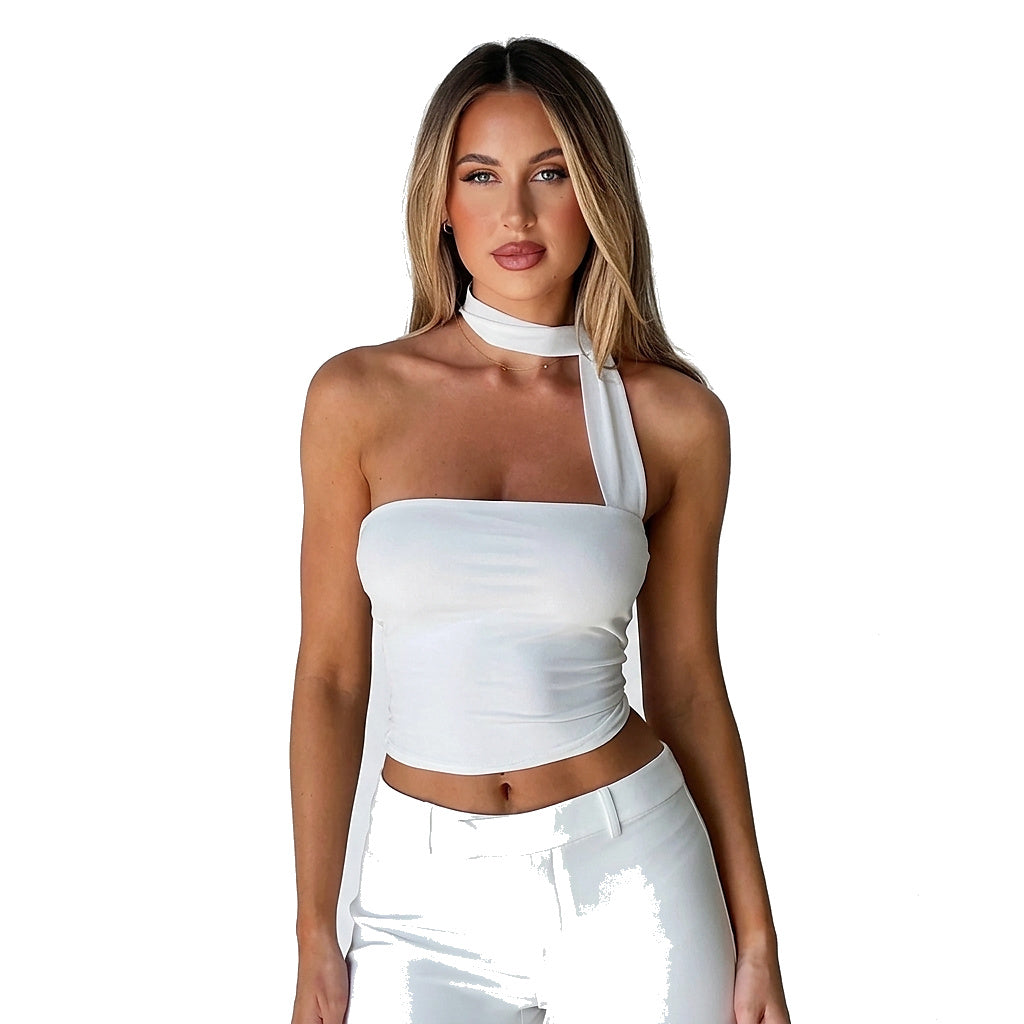 Damski top z asymetrycznym dekoltem i szarfą na szyję-Tops for women-Olave