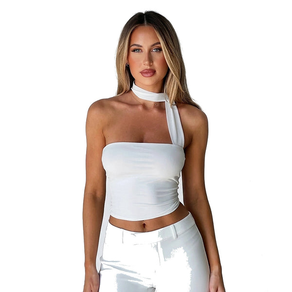 Damski top z asymetrycznym dekoltem i szarfą na szyję-Tops for women-Olave