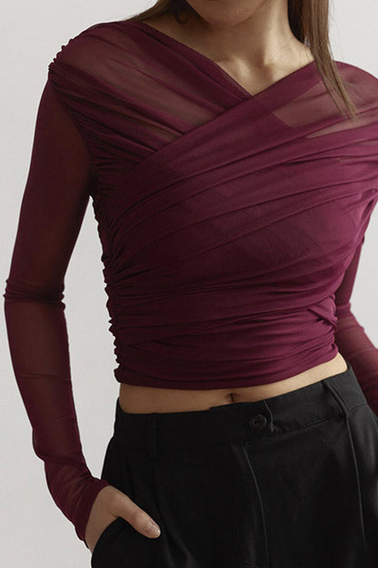 Damski top z siateczki z marszczeniami i długim rękawem-Tops for women-Olave