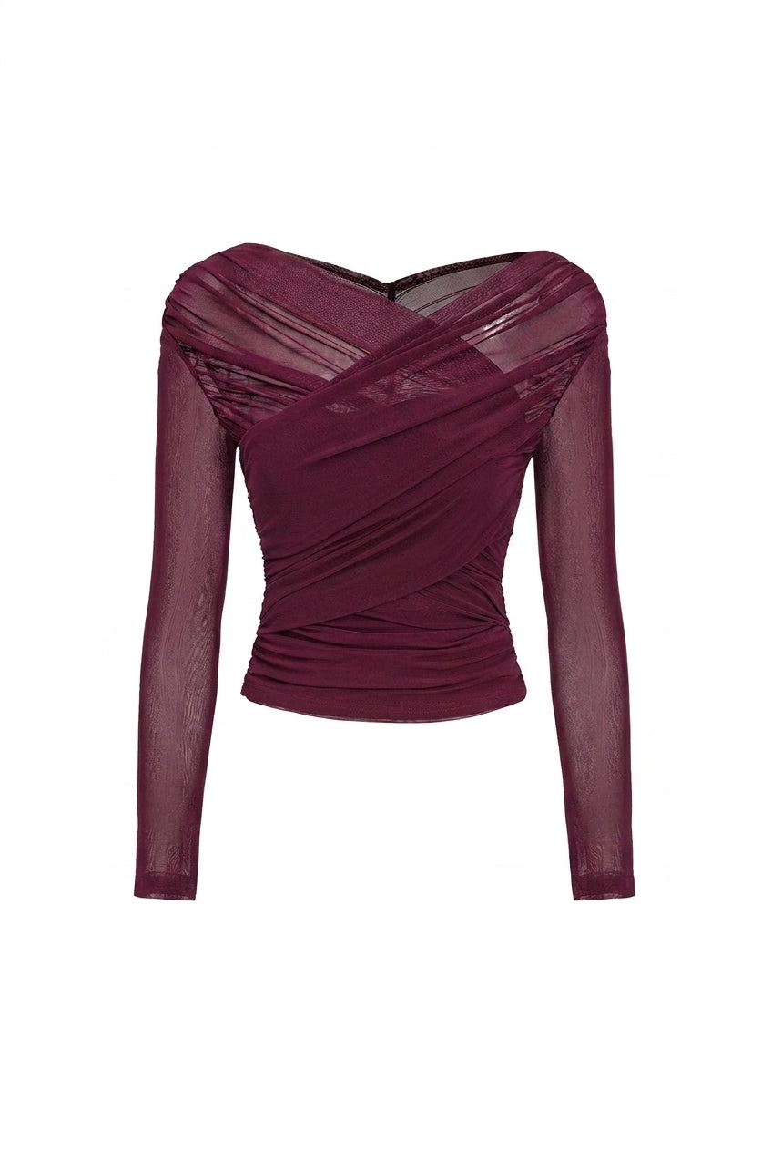 Damski top z siateczki z marszczeniami i długim rękawem-Tops for women-Olave