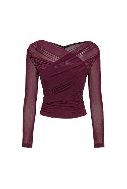 Damski top z siateczki z marszczeniami i długim rękawem-Tops for women-Olave