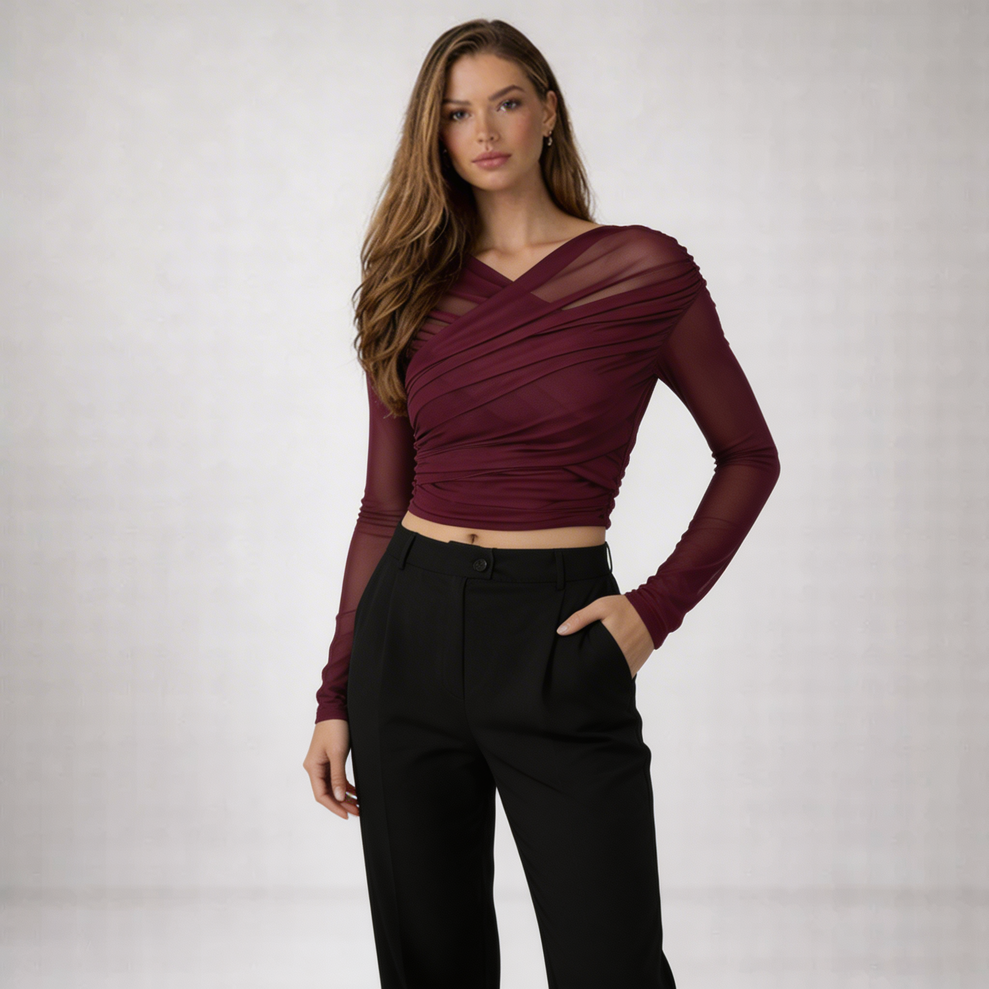 Damski top z siateczki z marszczeniami i długim rękawem-Tops for women-Olave