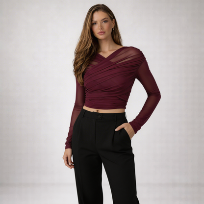 Damski top z siateczki z marszczeniami i długim rękawem-Tops for women-Olave