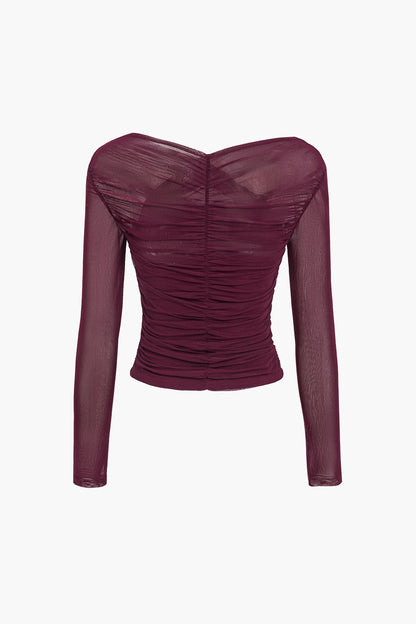 Damski top z siateczki z marszczeniami i długim rękawem-Tops for women-Olave