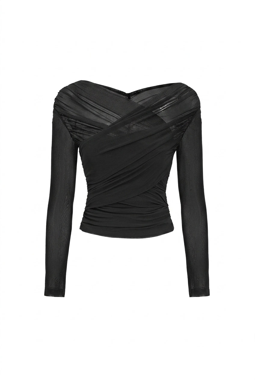 Damski top z siateczki z marszczeniami i długim rękawem-Tops for women-Olave