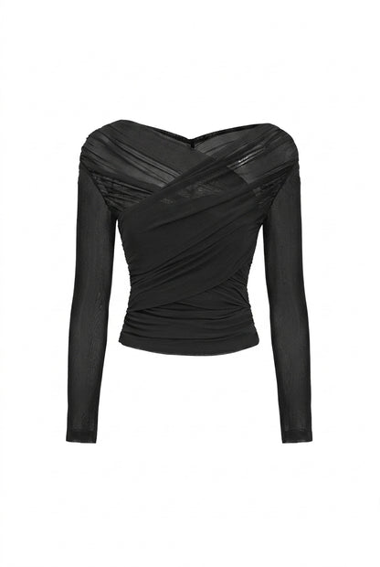 Damski top z siateczki z marszczeniami i długim rękawem-Tops for women-Olave