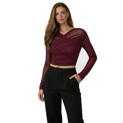 Damski top z siateczki z marszczeniami i długim rękawem-Tops for women-Olave