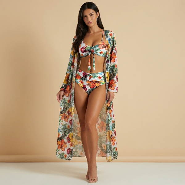 Damski trzyczęściowy zestaw bikini z wiązanym przodem i długą narzutką-Swimwear for women-Olave