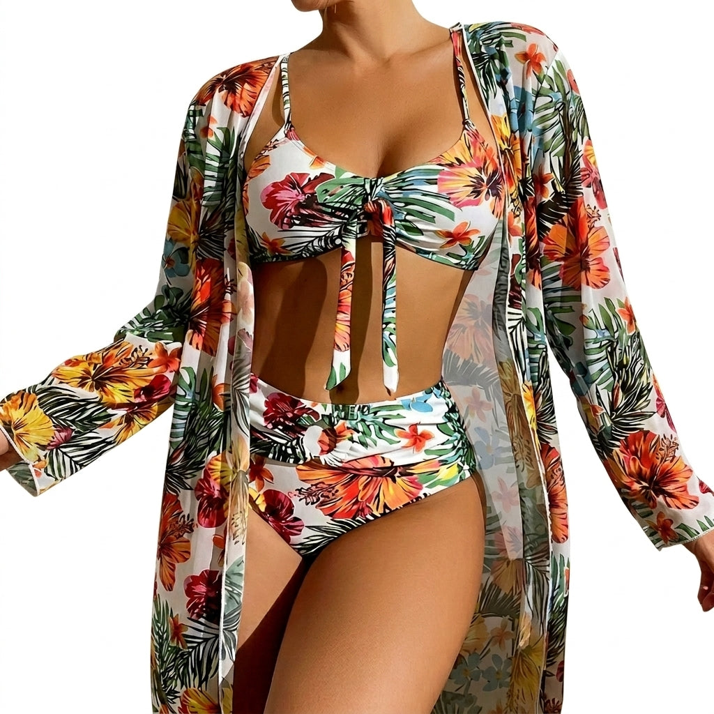 Damski trzyczęściowy zestaw bikini z wiązanym przodem i długą narzutką-Swimwear for women-Olave