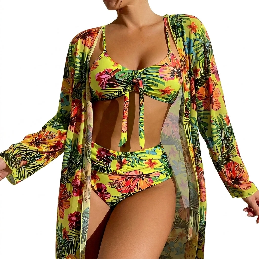 Damski trzyczęściowy zestaw bikini z wiązanym przodem i długą narzutką-Swimwear for women-Olave
