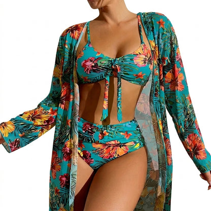 Damski trzyczęściowy zestaw bikini z wiązanym przodem i długą narzutką-Swimwear for women-Olave