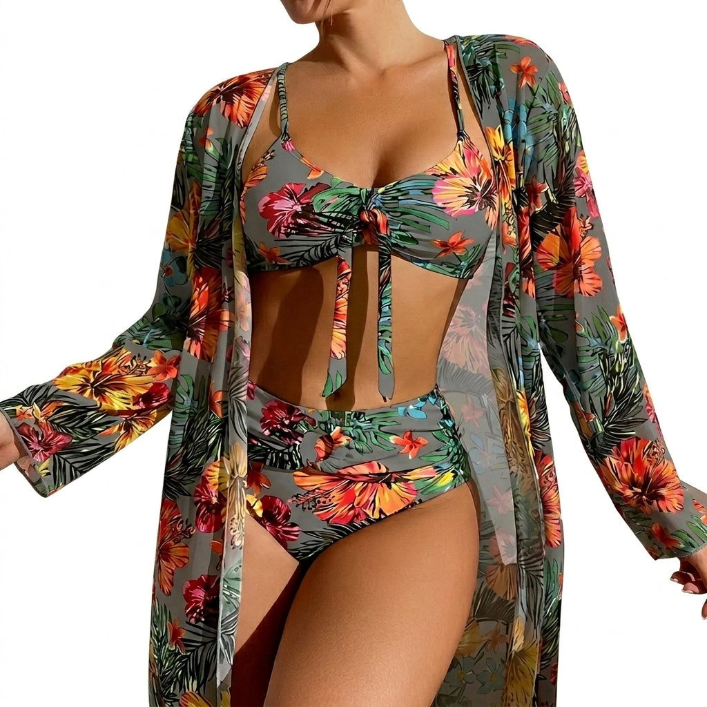 Damski trzyczęściowy zestaw bikini z wiązanym przodem i długą narzutką-Swimwear for women-Olave