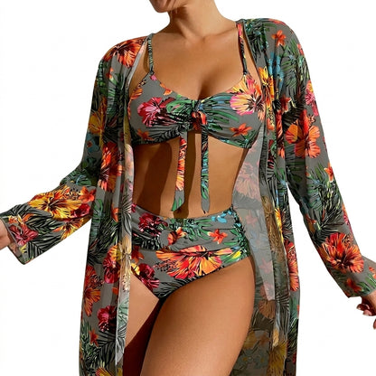 Damski trzyczęściowy zestaw bikini z wiązanym przodem i długą narzutką-Swimwear for women-Olave