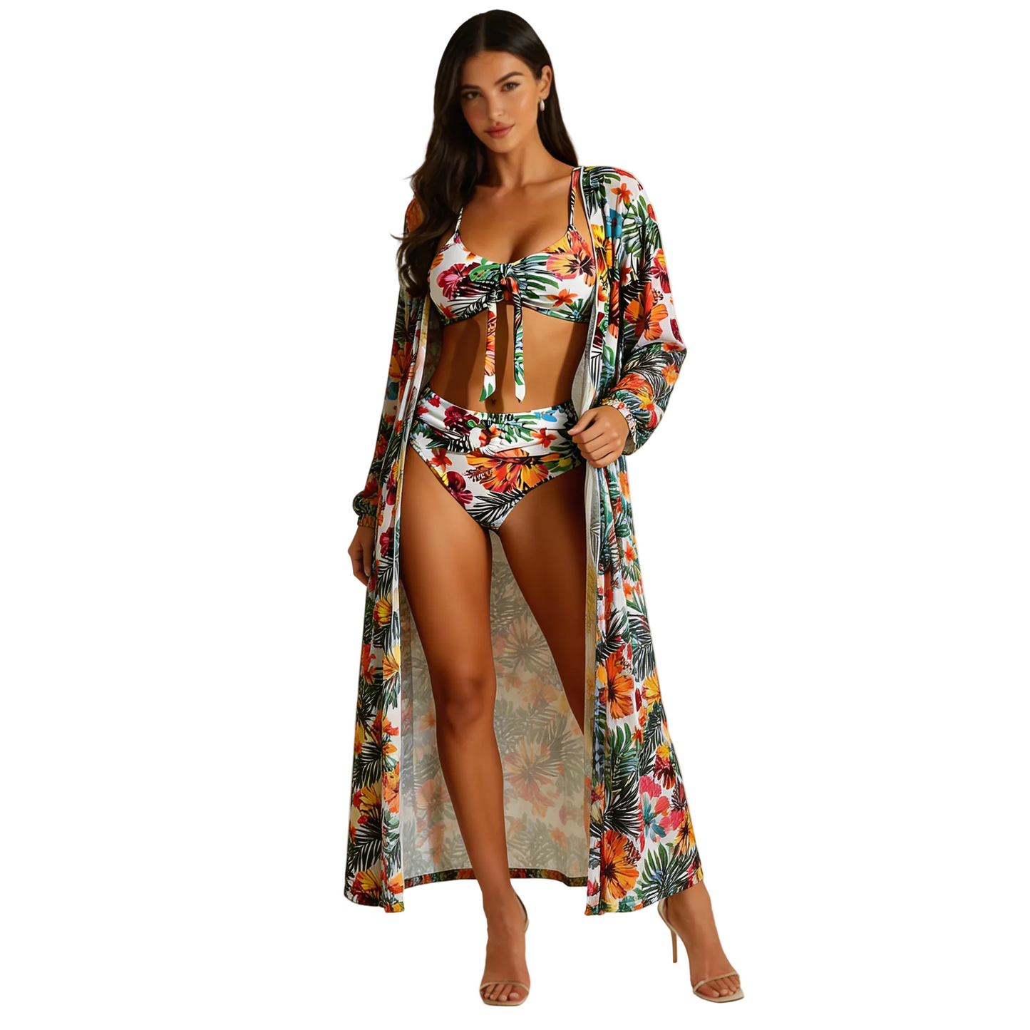 Damski trzyczęściowy zestaw bikini z wiązanym przodem i długą narzutką-Swimwear for women-Olave