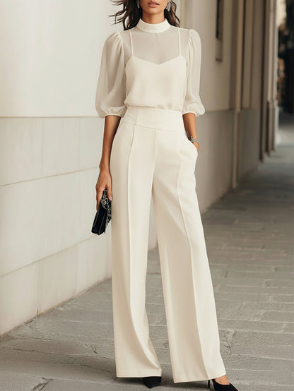 Damski Trzyczęściowy Zestaw z Transparentną Górą i Szerokimi Spodniami-Sets for Women-Olave