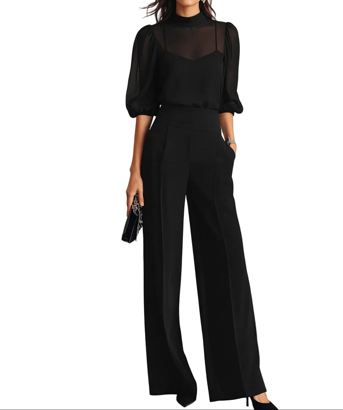 Damski Trzyczęściowy Zestaw z Transparentną Górą i Szerokimi Spodniami-Sets for Women-Olave