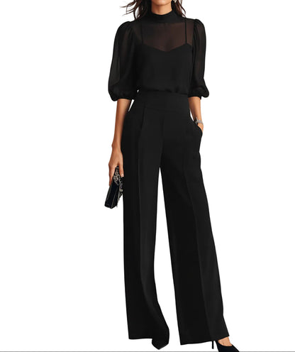 Damski Trzyczęściowy Zestaw z Transparentną Górą i Szerokimi Spodniami-Sets for Women-Olave