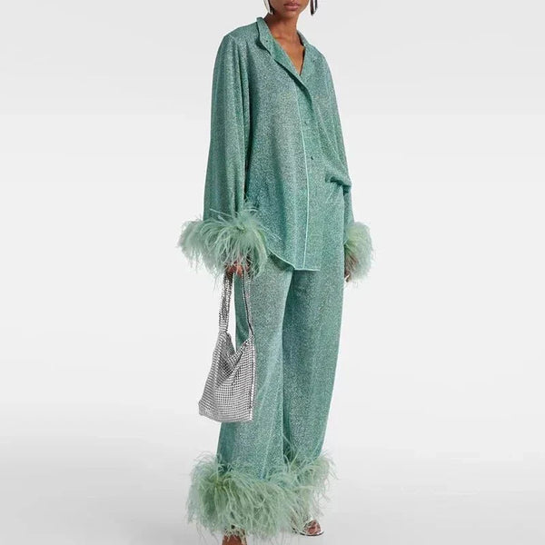 Damski Zestaw Dwuczęściowy z Koszulą i Spodniami z Ozdobą z Piór-Sets for Women-Olave