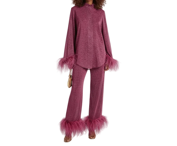 Damski Zestaw Dwuczęściowy z Koszulą i Spodniami z Ozdobą z Piór-Sets for Women-Olave