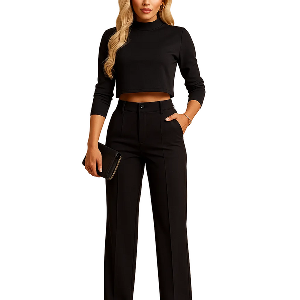 Damski Zestaw Dwuczęściowy z Krótką Bluzką z Długim Rękawem i Prostymi Spodniami-Sets for Women-Olave