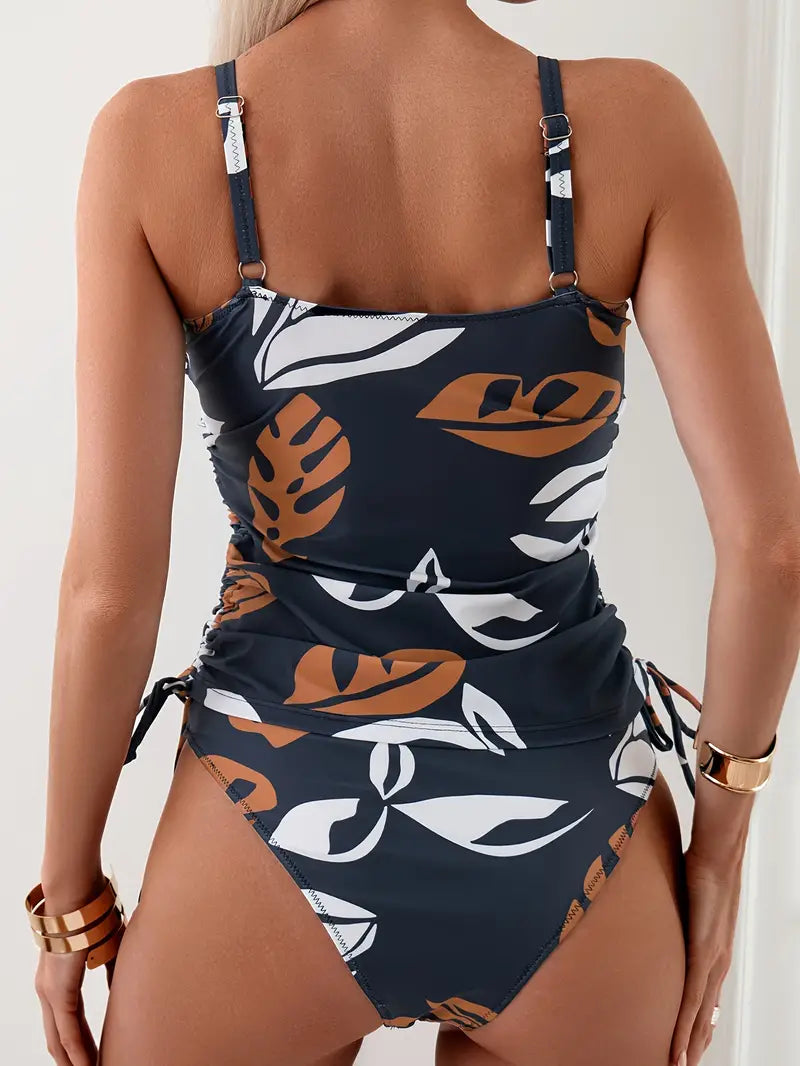 Damski zestaw tankini z motywem roślinnym, skręconym detalem i bocznymi wiązaniami-Swimwear for women-Olave