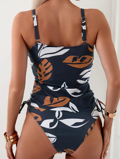 Damski zestaw tankini z motywem roślinnym, skręconym detalem i bocznymi wiązaniami-Swimwear for women-Olave