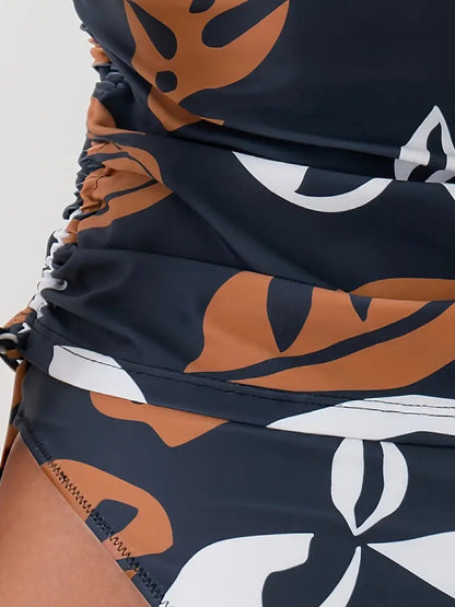 Damski zestaw tankini z motywem roślinnym, skręconym detalem i bocznymi wiązaniami-Swimwear for women-Olave