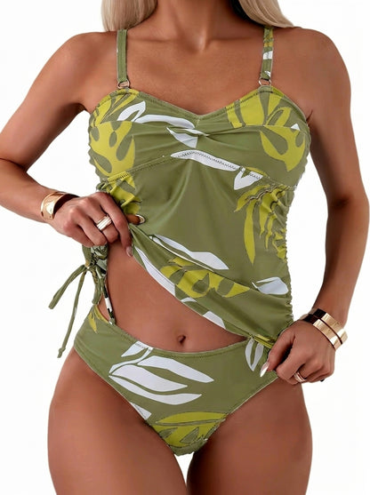 Damski zestaw tankini z motywem roślinnym, skręconym detalem i bocznymi wiązaniami-Swimwear for women-Olave