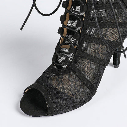 Damskie botki na obcasie z wiązaniem i panelami z siatki-Footwear for women-Olave