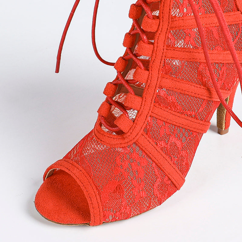 Damskie botki na obcasie z wiązaniem i panelami z siatki-Footwear for women-Olave