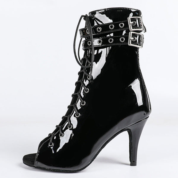 Damskie Botki z Otwartym Przodem, Sznurowaniem i Paskami z Klamrami-Footwear for women-Olave