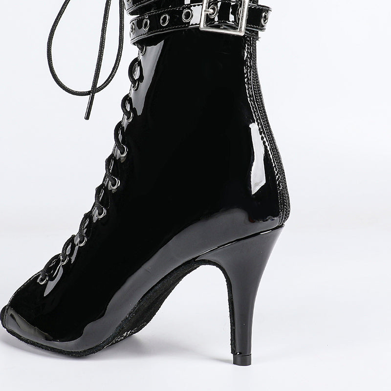 Damskie Botki z Otwartym Przodem, Sznurowaniem i Paskami z Klamrami-Footwear for women-Olave