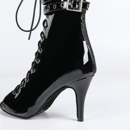 Damskie Botki z Otwartym Przodem, Sznurowaniem i Paskami z Klamrami-Footwear for women-Olave