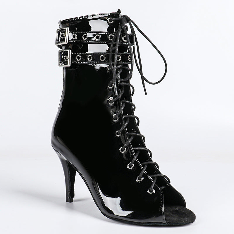 Damskie Botki z Otwartym Przodem, Sznurowaniem i Paskami z Klamrami-Footwear for women-Olave