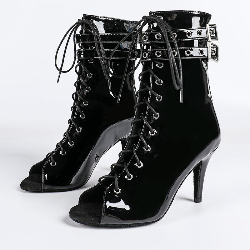 Damskie Botki z Otwartym Przodem, Sznurowaniem i Paskami z Klamrami-Footwear for women-Olave