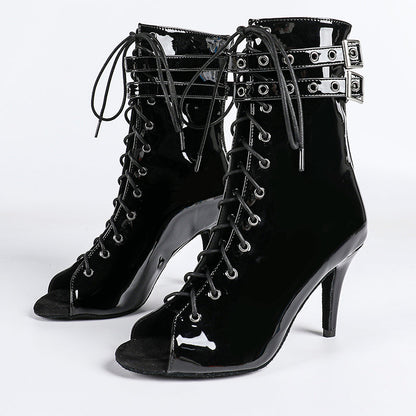 Damskie Botki z Otwartym Przodem, Sznurowaniem i Paskami z Klamrami-Footwear for women-Olave