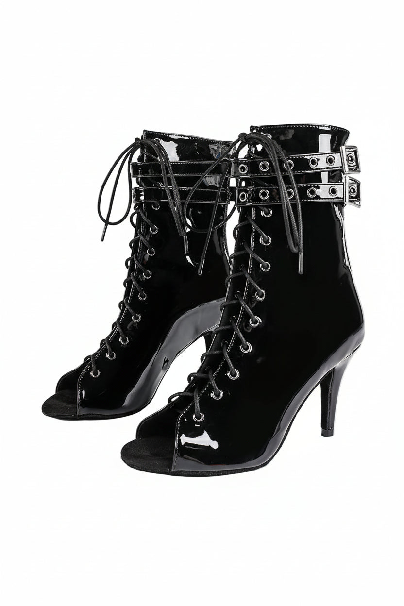Damskie Botki z Otwartym Przodem, Sznurowaniem i Paskami z Klamrami-Footwear for women-Olave